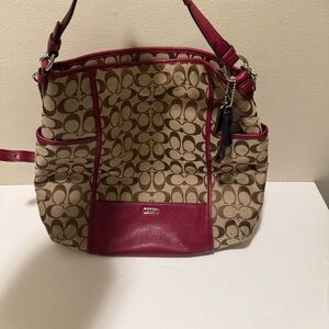 Coach F30341 Signature C Park Hobo Silver Khaki Crimson Crossbody Bag